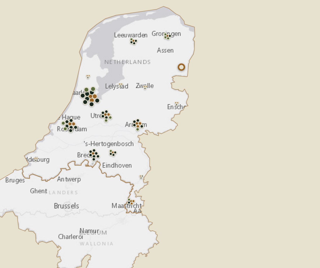 Map of the Netherlands showing natural-wine restaurants, wine bars and shops